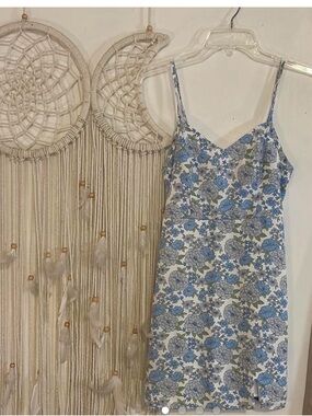 Hollister White Floral Smocked Slip Dress with Blue and Green Accents